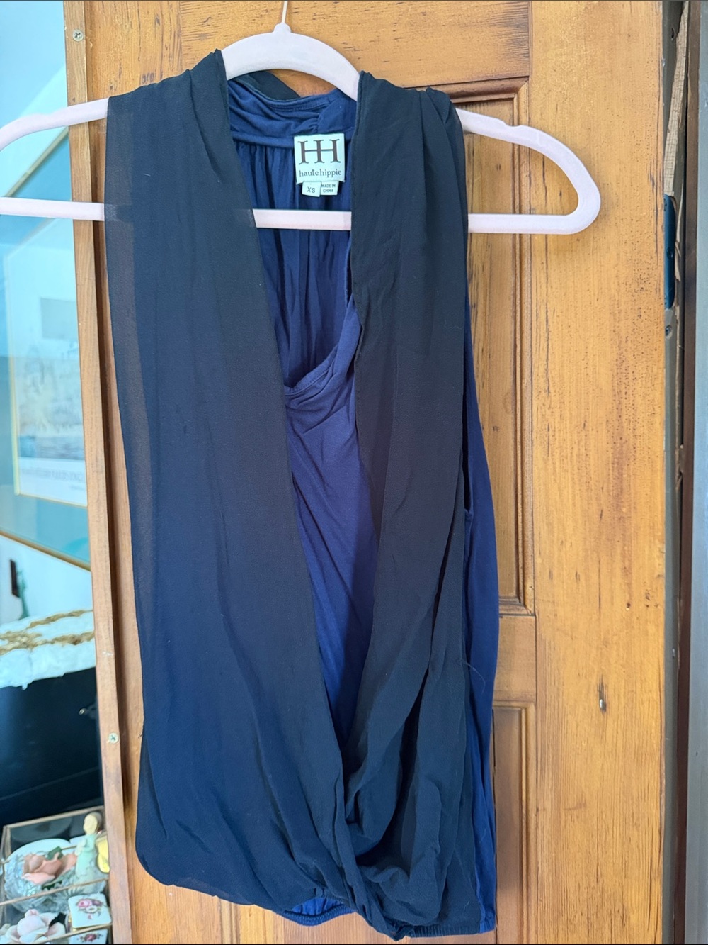 Haute Hippie Navy and Black Layered Draped Sleeveless Top